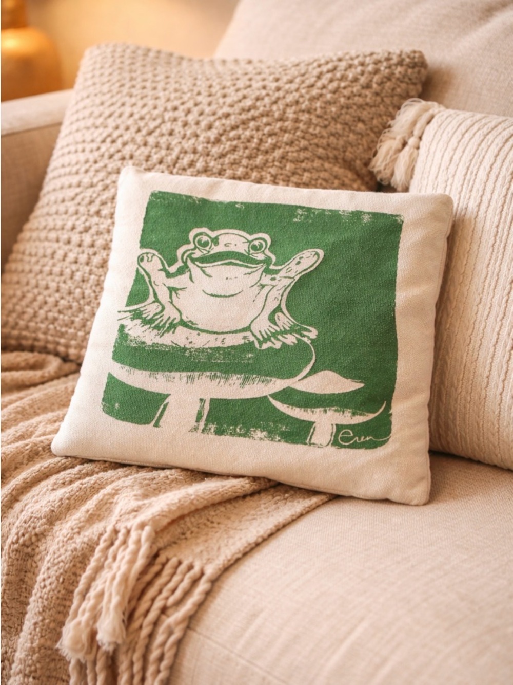 Erin Flett Frog Pillow Cover Green White Canvas Cottagecore 10x10